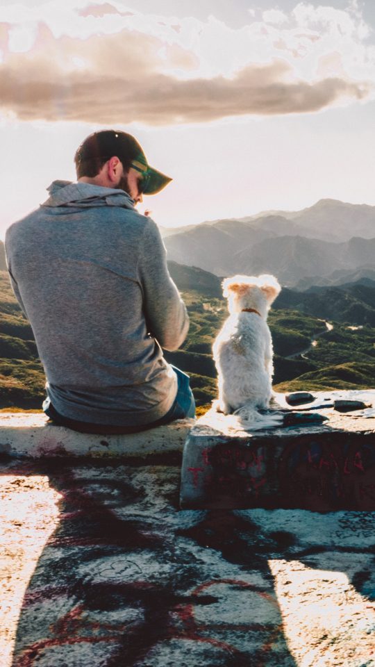 man sitting beside dog